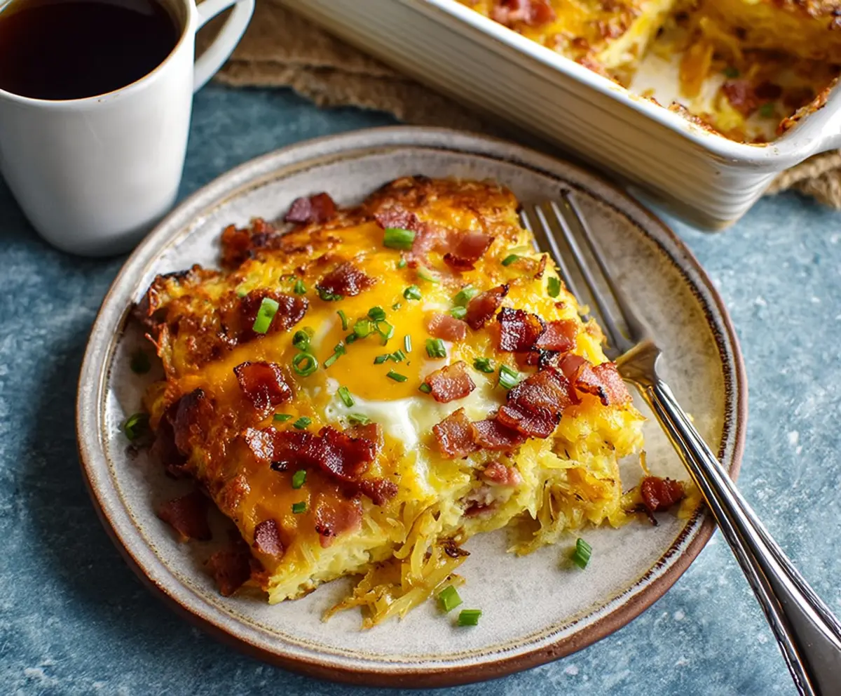 Delicious Bacon Egg and Hashbrown Casserole served hot on a plate, perfect for breakfast or brunch.