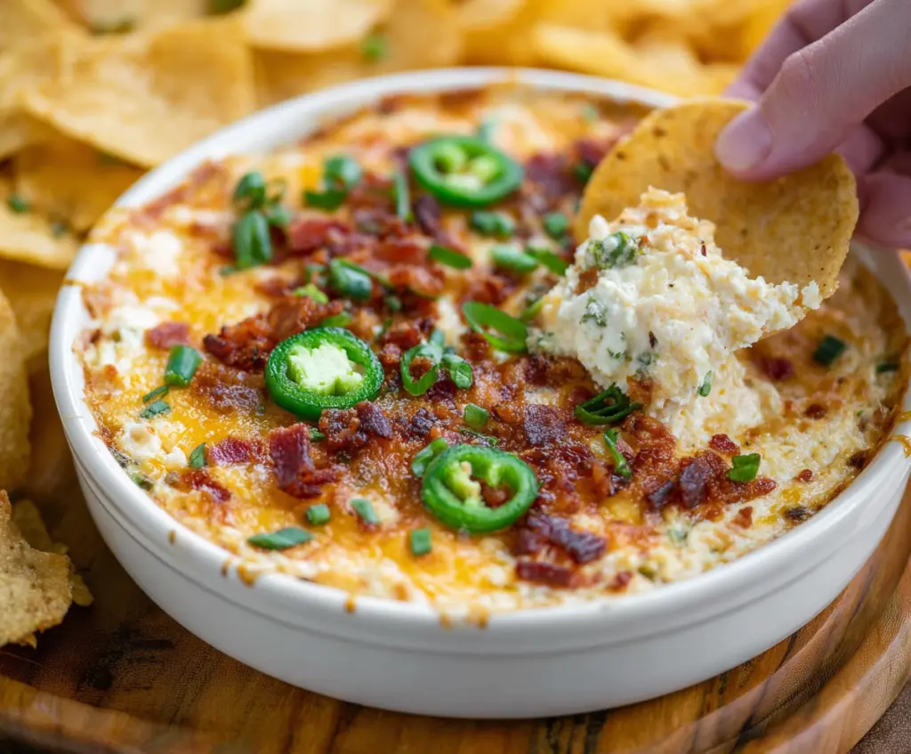 Creamy Bacon Jalapeño Popper Dip served with crispy crackers, garnished with chopped green onions
