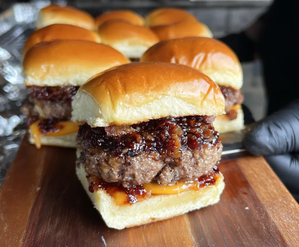 Delicious Bacon Jam Cheeseburger Sliders on a serving platter garnished with fresh toppings