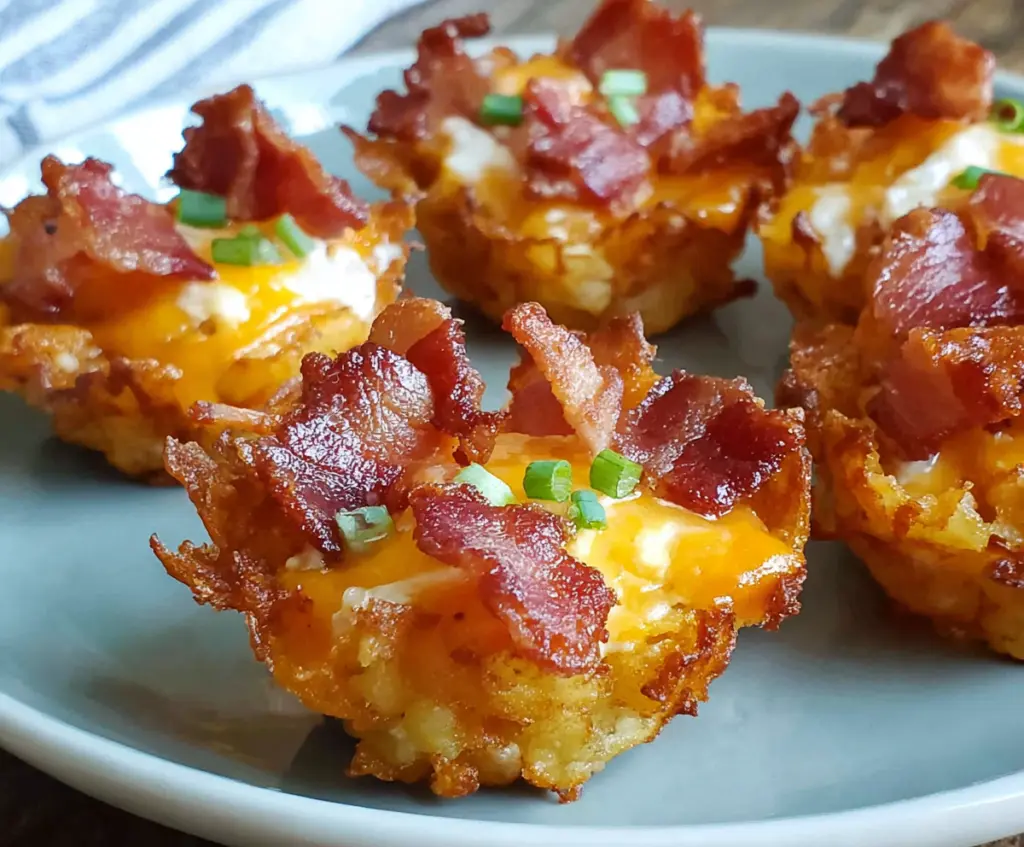 Delicious bacon-topped tater tot cups on a serving plate, perfect for appetizers or snacks.