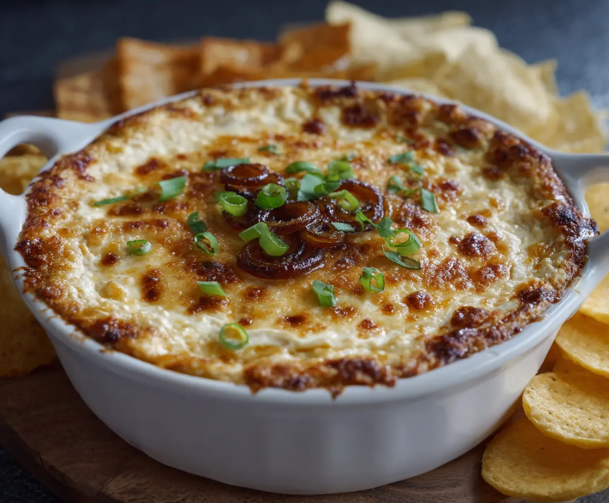 Delicious baked double cheese and sweet onion dip served in a bowl for parties and snacks