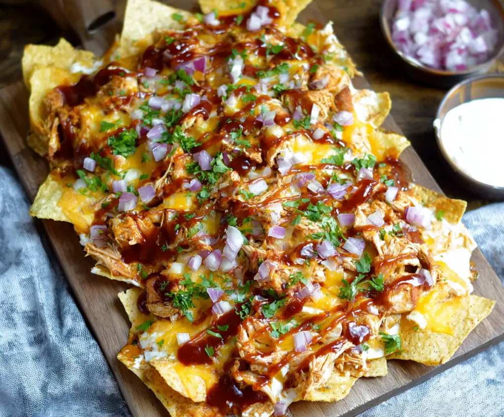 Delicious BBQ Chicken Nachos topped with melted cheese and fresh herbs, perfect for a flavorful snack or appetizer.