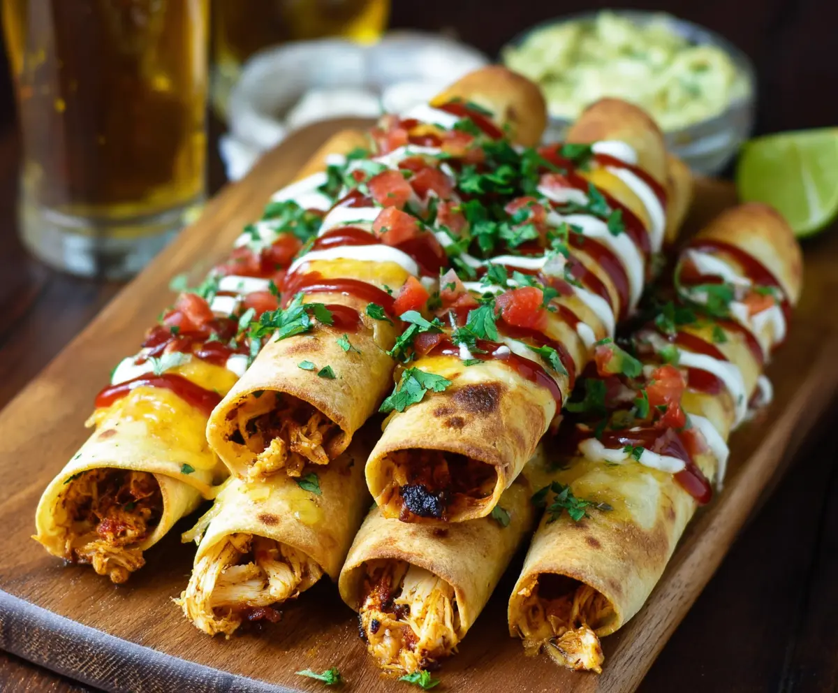 Delicious BBQ Chicken Taquitos crispy appetizer with melted cheese and fresh toppings