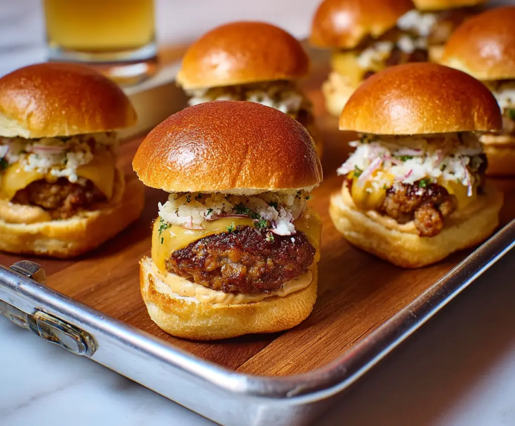 Delicious Beer Brat Sliders with melted cheese and grilled buns, perfect for parties and casual gatherings.