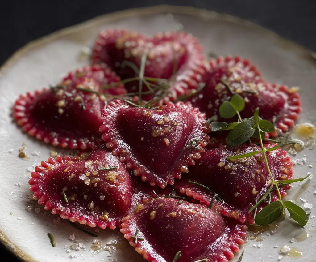 Delicious Beet Heart Ravioli with fresh herbs on a rustic plate