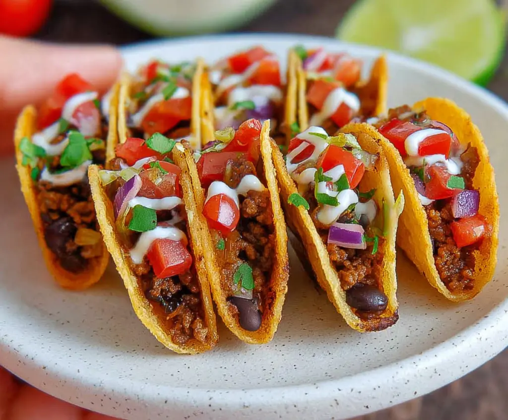 Close-up of bite-sized mini tacos filled with seasoned meat and fresh toppings on a plate.