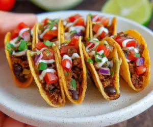 Close-up of bite-sized mini tacos filled with seasoned meat and fresh toppings on a plate.