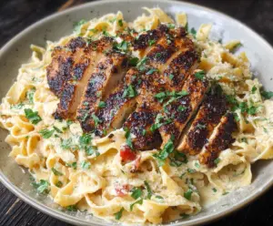 Creamy Alfredo pasta with spicy blackened chicken slices served on a plate.