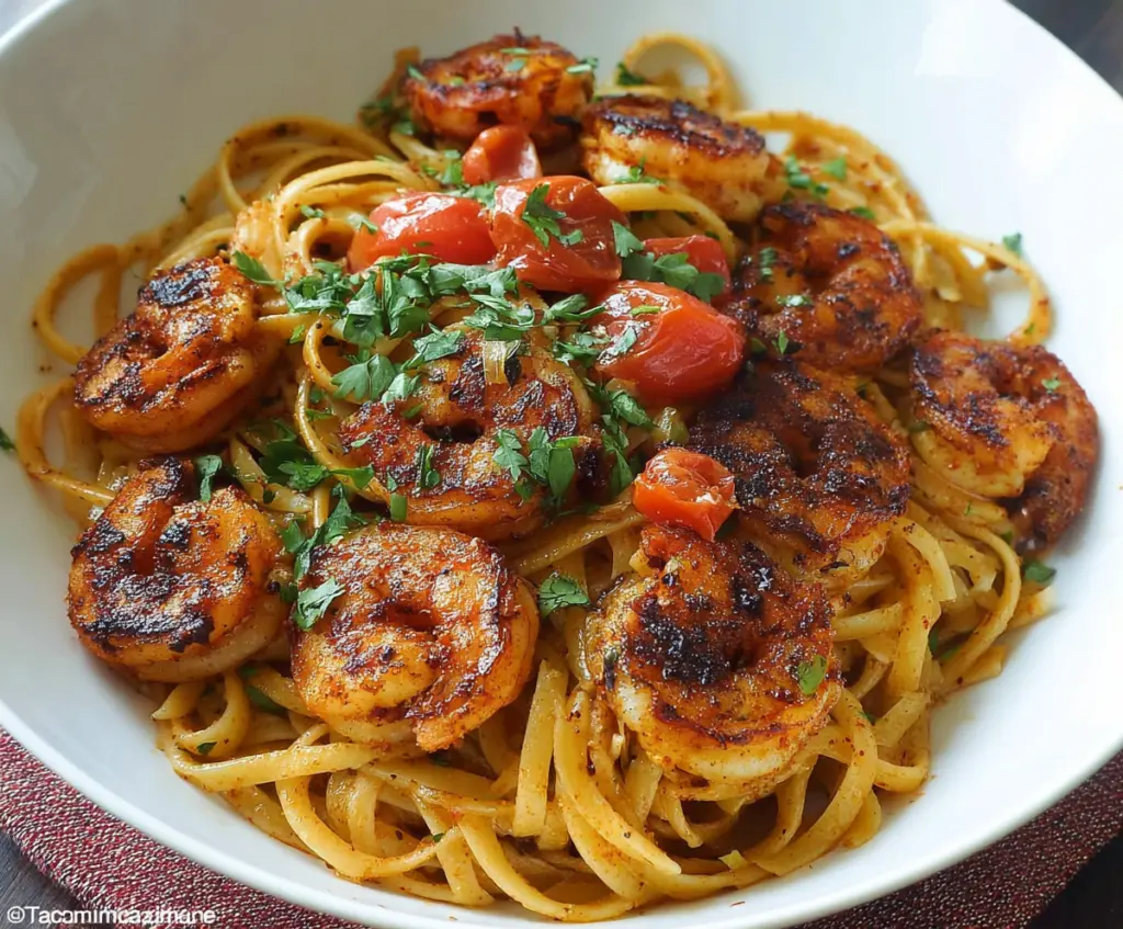 Delicious blackened shrimp served over creamy pasta with herbs and spices.