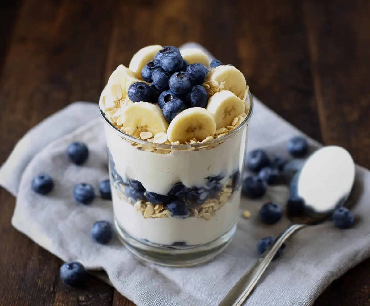 Delicious Blueberry Banana Yogurt Parfait layered with fresh fruits and creamy yogurt