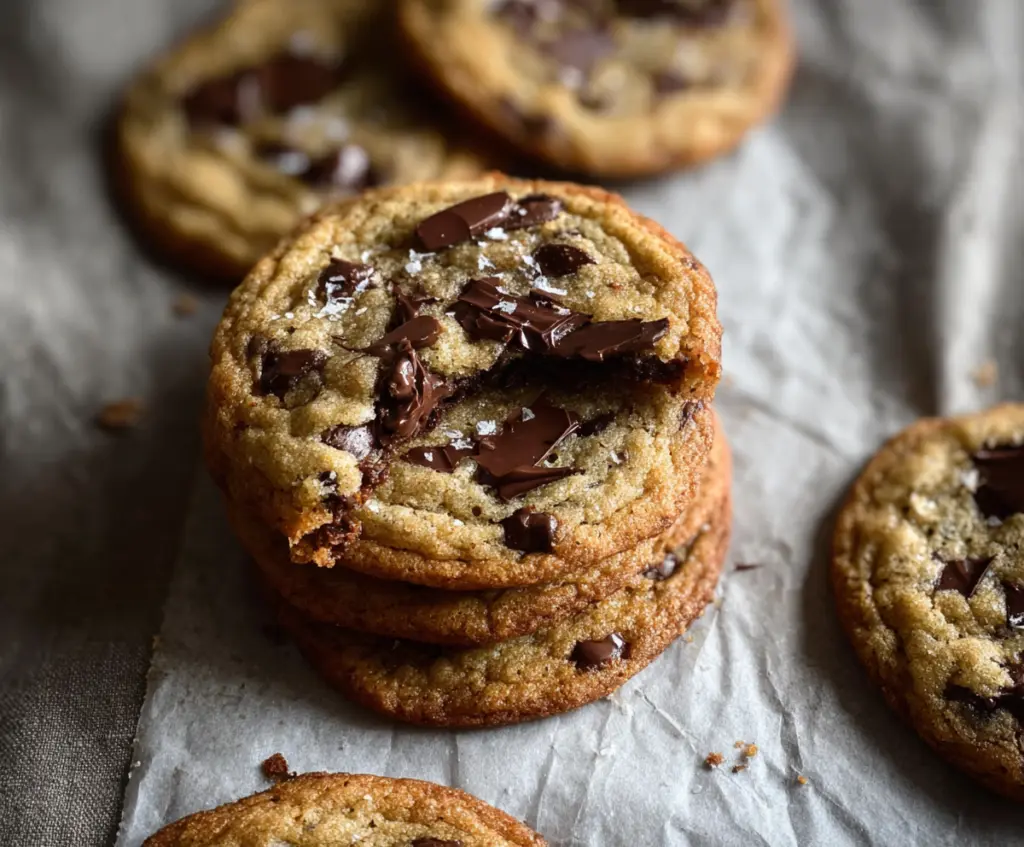 Delicious brown butter sourdough discard chocolate chip cookies on a baking tray.