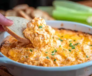 Creamy buffalo chicken dip with melted cheese and spicy buffalo sauce served with chips