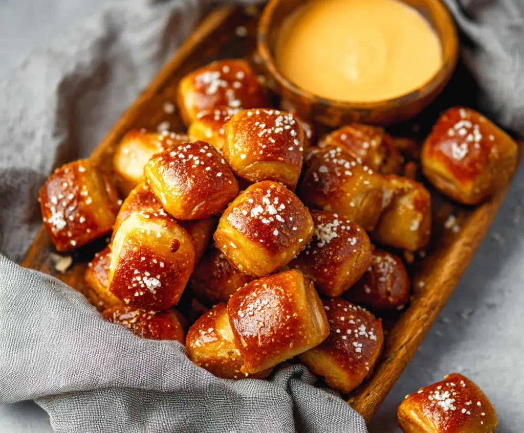 Delicious buttery soft pretzel bites arranged on a wooden board, perfect for snacking.