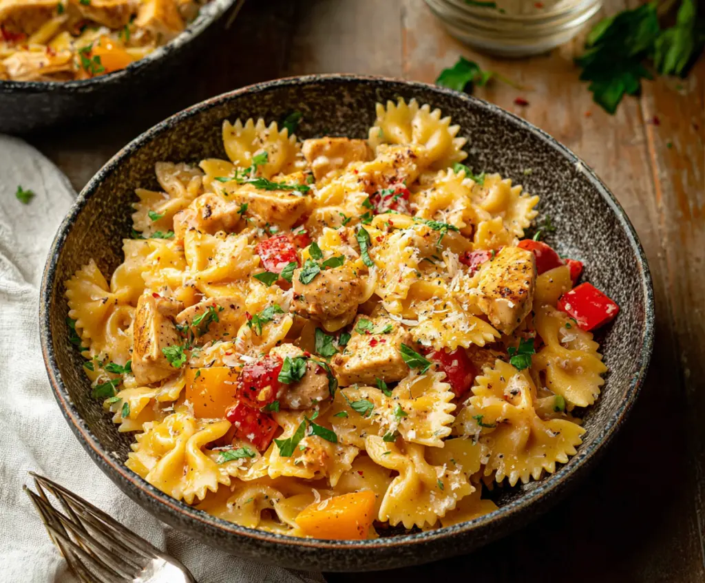 Delicious Cajun Chicken Bowtie Pasta Skillet with flavorful spices and creamy sauce.