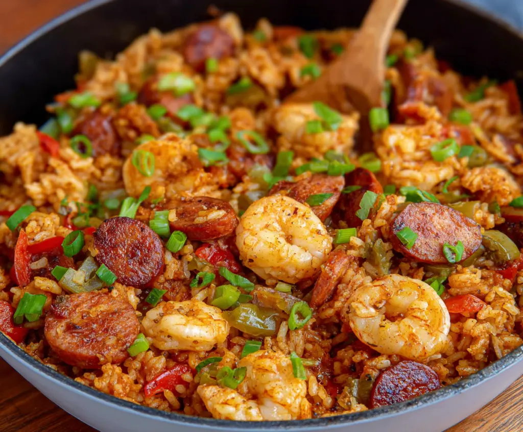 Delicious Cajun Jambalaya featuring chicken, shrimp, and sausage in a flavorful rice dish.