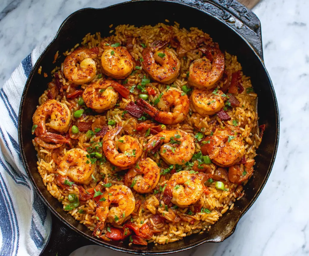 Delicious Cajun Shrimp and Rice Skillet with vibrant spices and tender shrimp served in a rustic skillet.