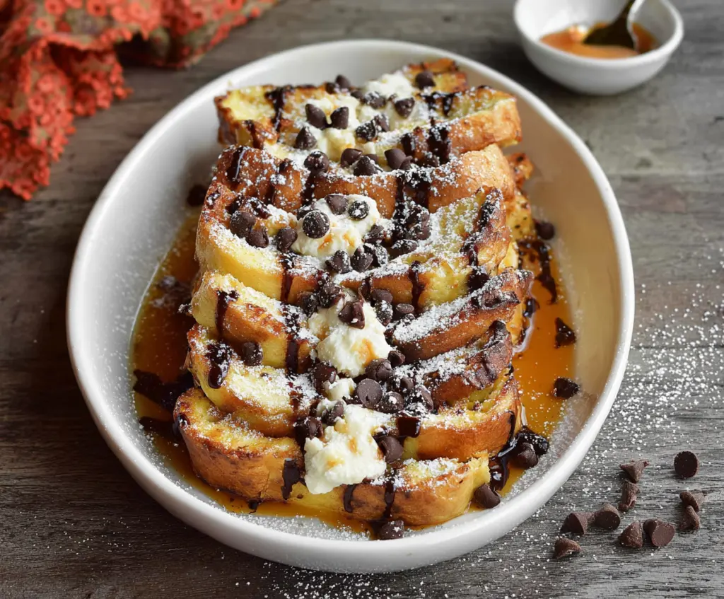 Delicious Cannoli French Toast topped with chocolate chips and powdered sugar, served on a white plate.