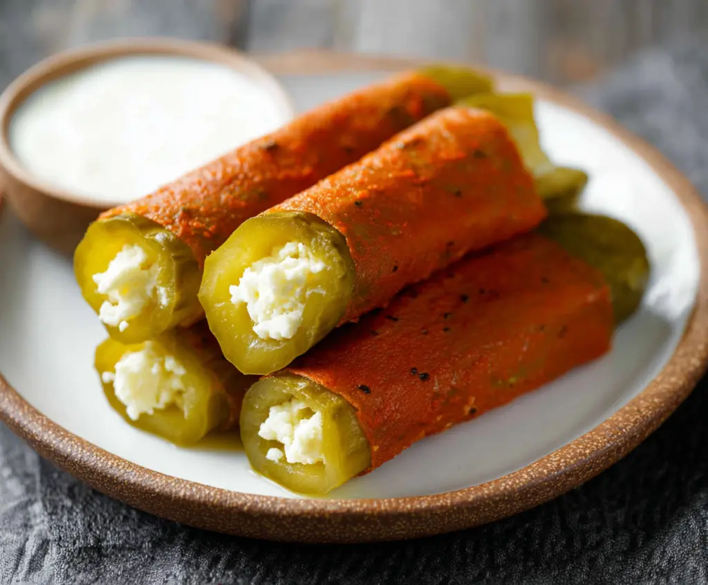 Crispy cheese-wrapped pickles on a platter, perfect for appetizers and snacks