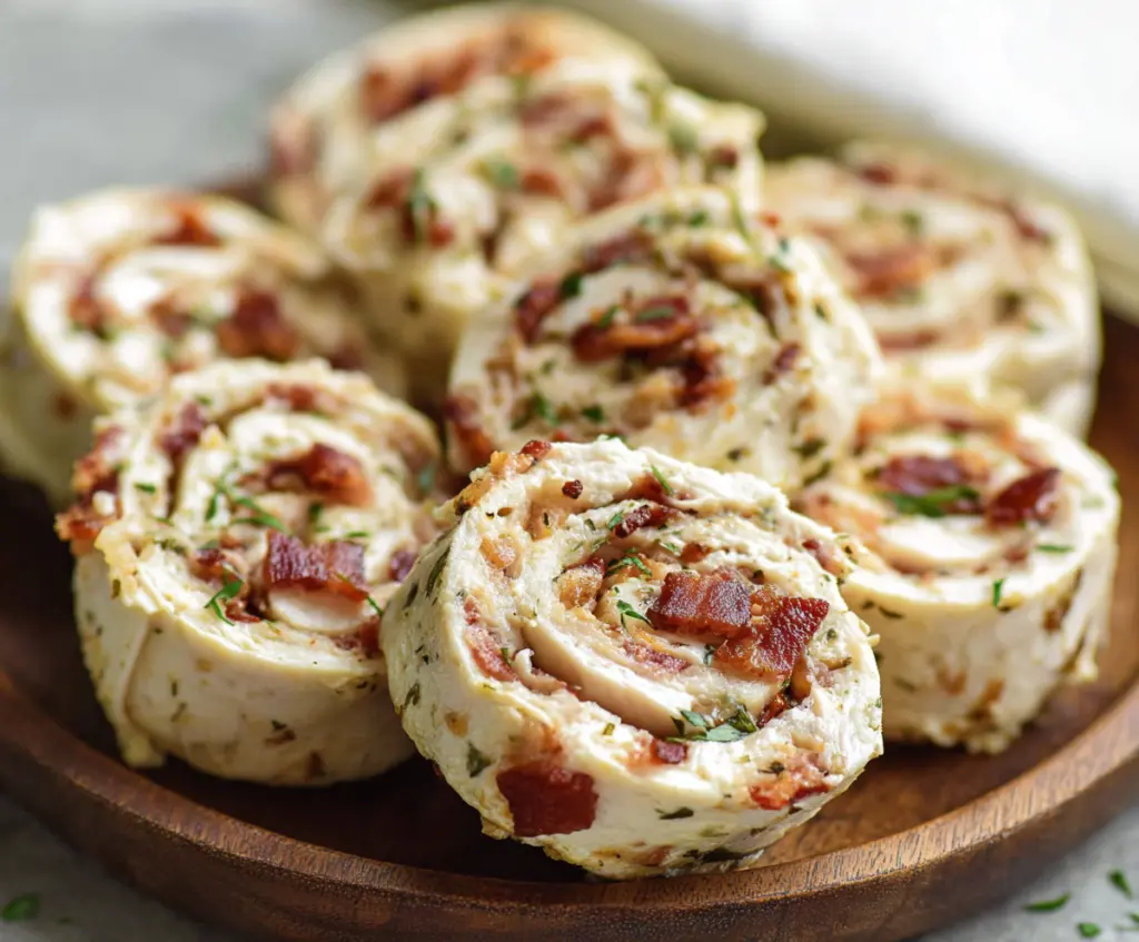 Delicious Chicken Bacon Ranch Pinwheels with crispy bacon and creamy ranch filling on a cutting board.