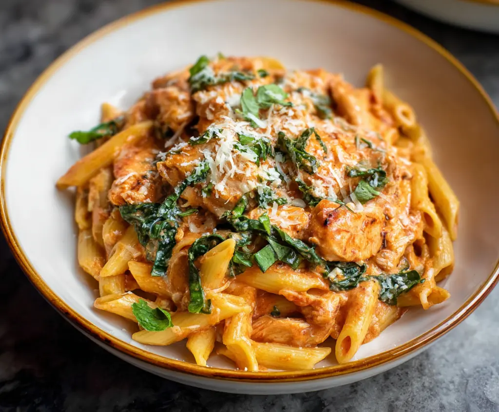 Delicious Chicken Creamy Tomato Pasta with tender chicken pieces and rich sauce.