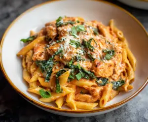 Delicious Chicken Creamy Tomato Pasta with tender chicken pieces and rich sauce.