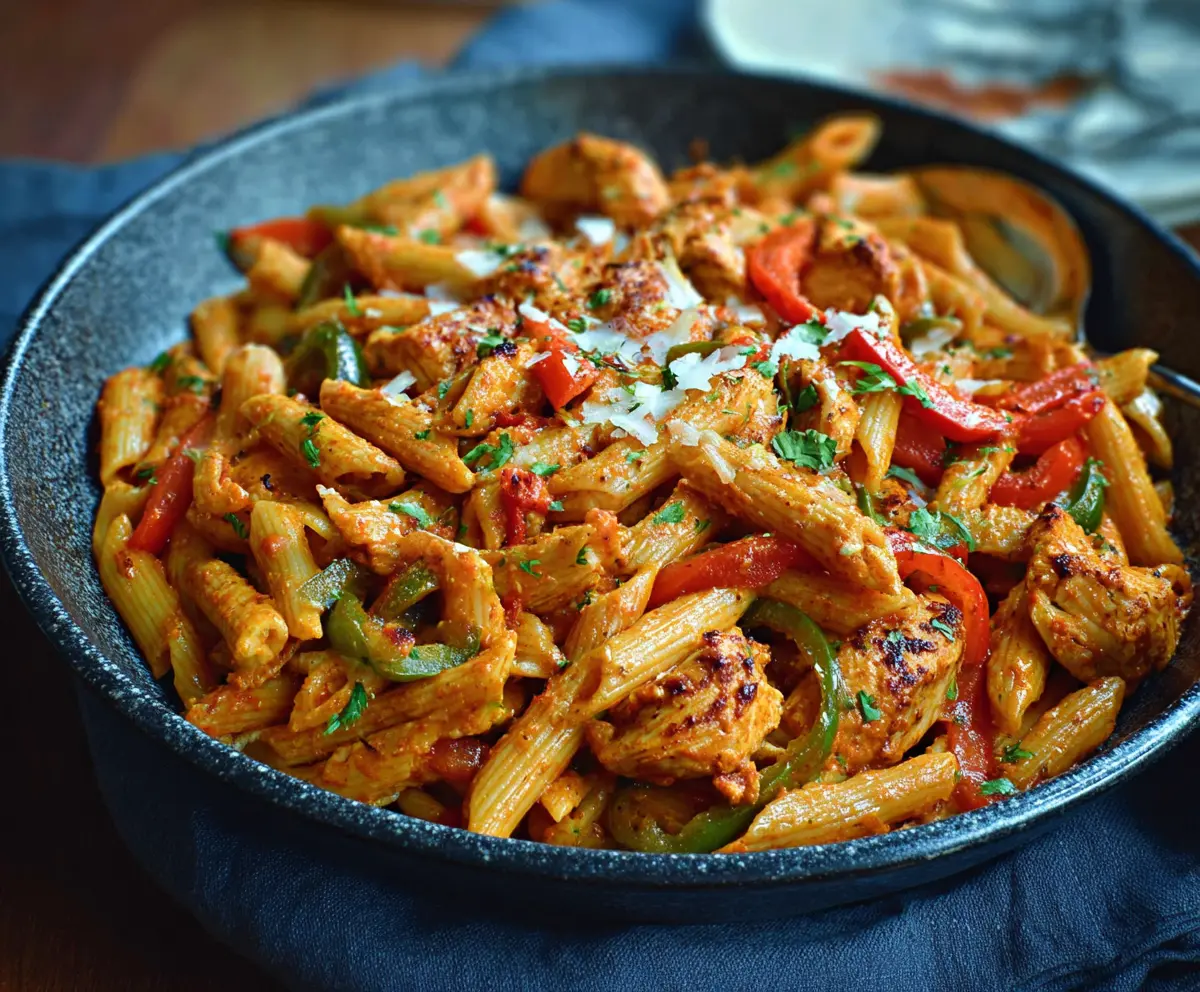 Delicious Chicken Fajita Pasta with colorful bell peppers and melted cheese.