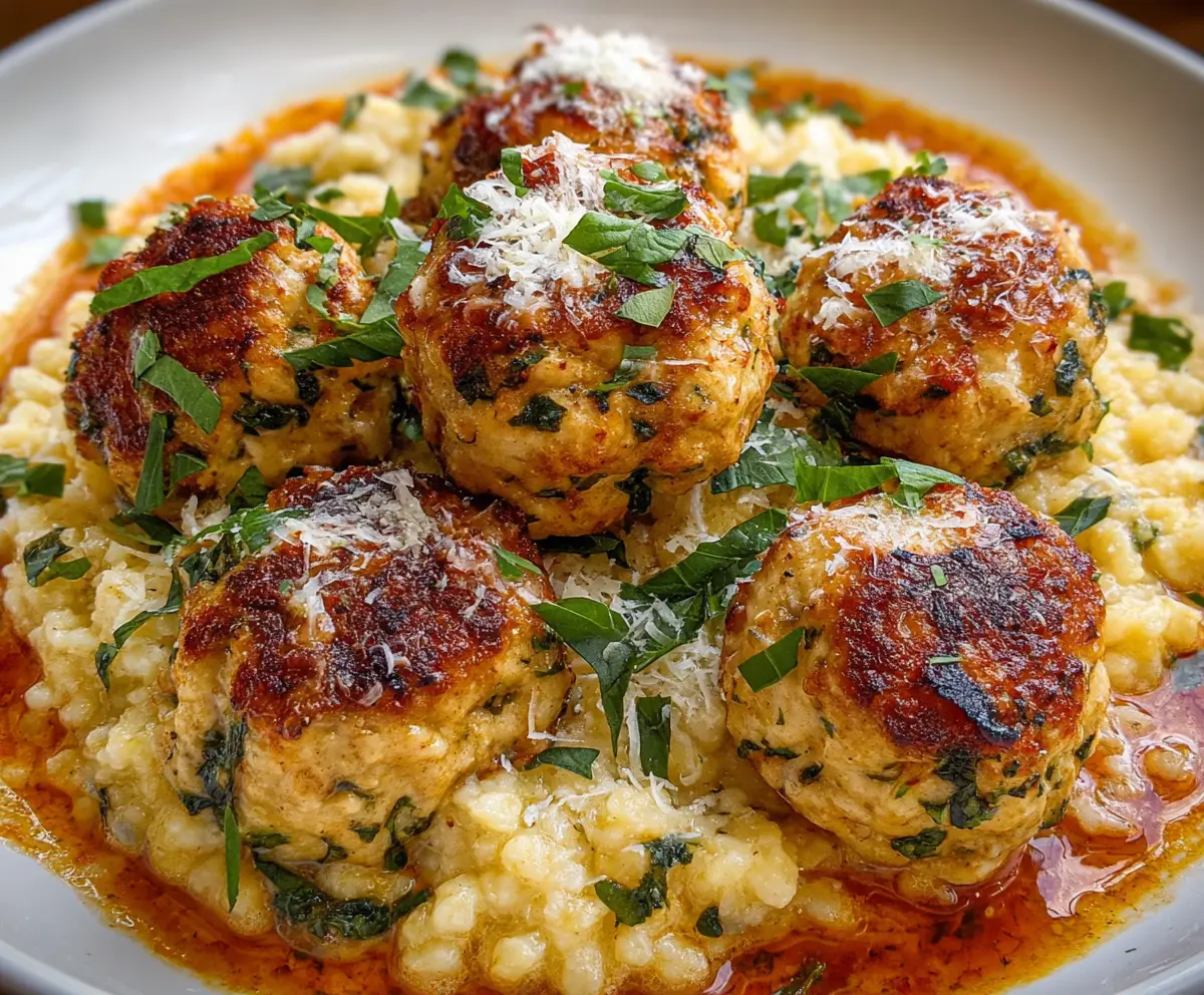 Delicious chicken ricotta meatballs served with tomato sauce on a white plate.