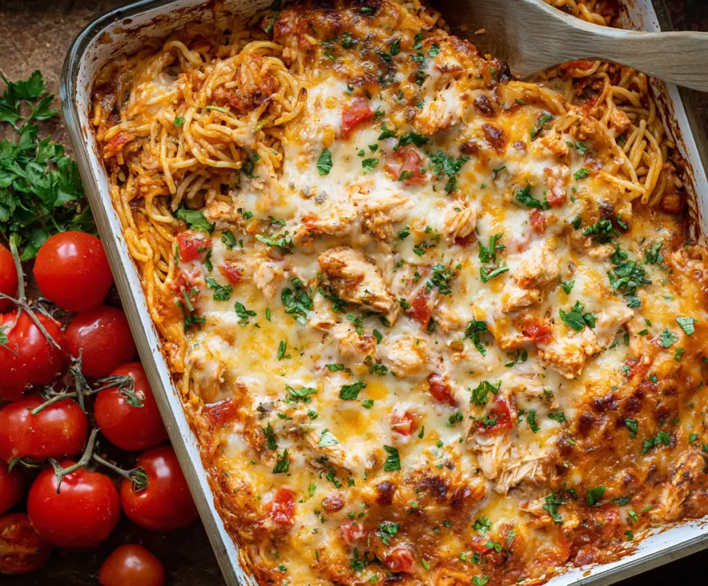 Delicious Chicken Spaghetti Bake topped with melted cheese and fresh herbs.