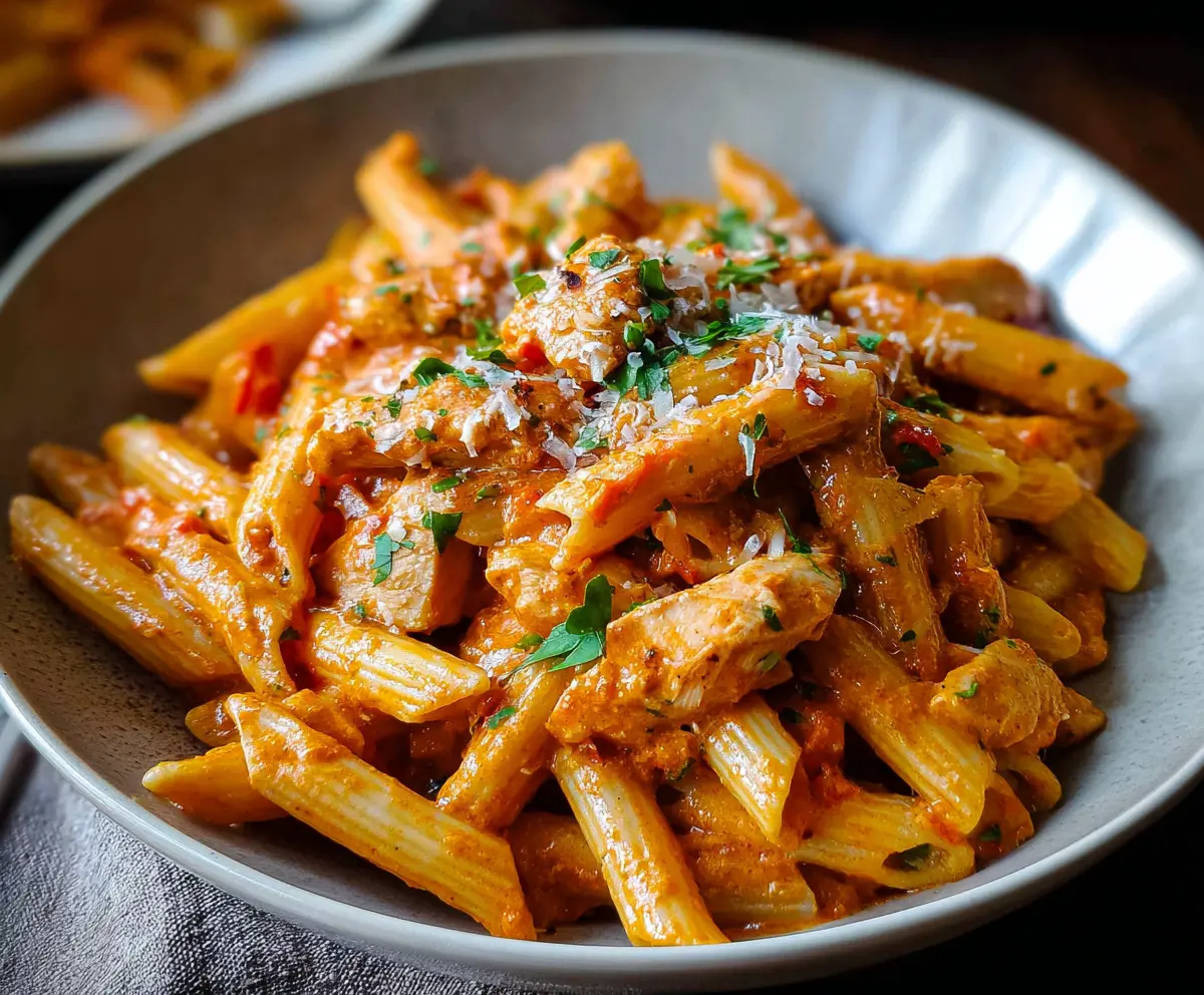 Creamy chicken vodka pasta served with fresh herbs and Parmesan cheese