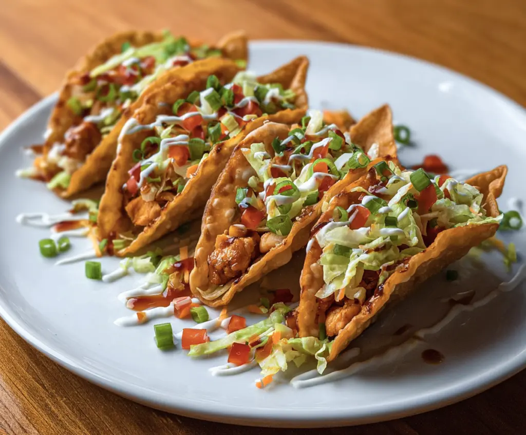 Delicious Chicken Wonton Tacos with fresh toppings and crispy wonton shells.