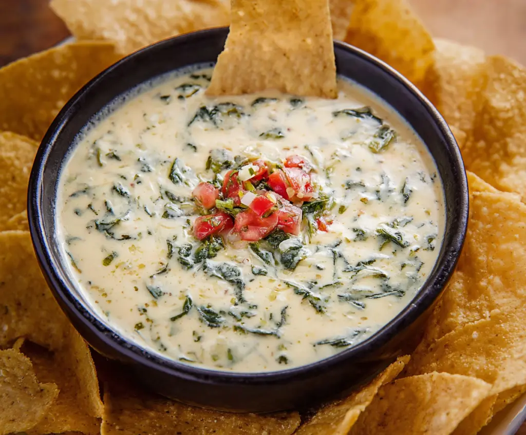 Delicious White Spinach Queso served at Chili's, featuring creamy cheese and fresh spinach in a tempting appetizer bowl.
