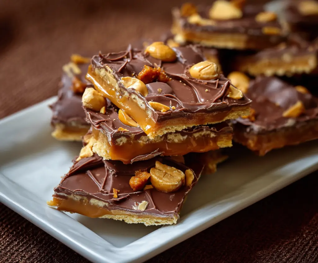 Delicious Chocolate Peanut Butter Cup Cracker Toffee arranged on a plate, showcasing rich layers and glossy finish.