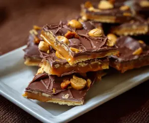 Delicious Chocolate Peanut Butter Cup Cracker Toffee arranged on a plate, showcasing rich layers and glossy finish.