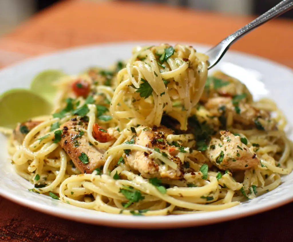 Delicious cilantro lime chicken pasta served on a white plate with fresh cilantro garnish.