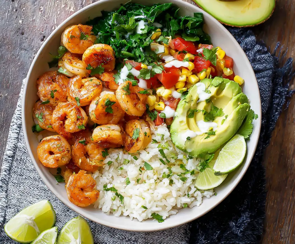 Fresh Cilantro Lime Shrimp Bowl with colorful vegetables and rice, perfect for a healthy meal.