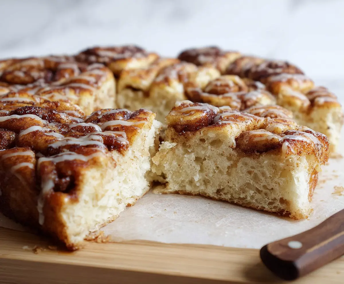 Delicious cinnamon roll sourdough focaccia with a golden crust and swirls of cinnamon and sugar.