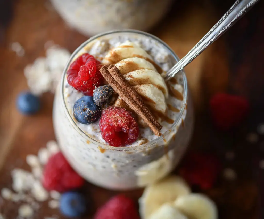 Delicious cinnamon vanilla overnight oats in a glass jar topped with fresh berries.