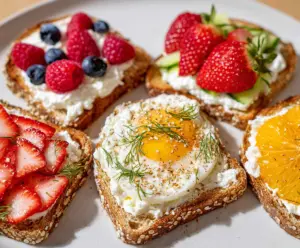 Creamy cottage cheese spread on whole grain toast topped with fresh herbs for a healthy breakfast recipe.