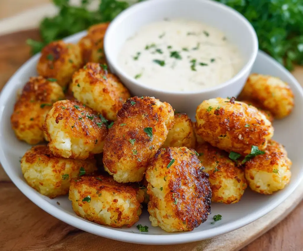 Baked Cottage Cheese Cauliflower Tots served on a plate, garnished with herbs, perfect for healthy snacks.