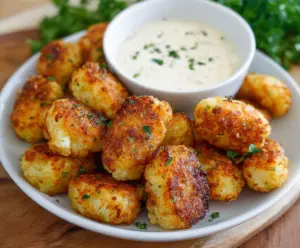 Baked Cottage Cheese Cauliflower Tots served on a plate, garnished with herbs, perfect for healthy snacks.