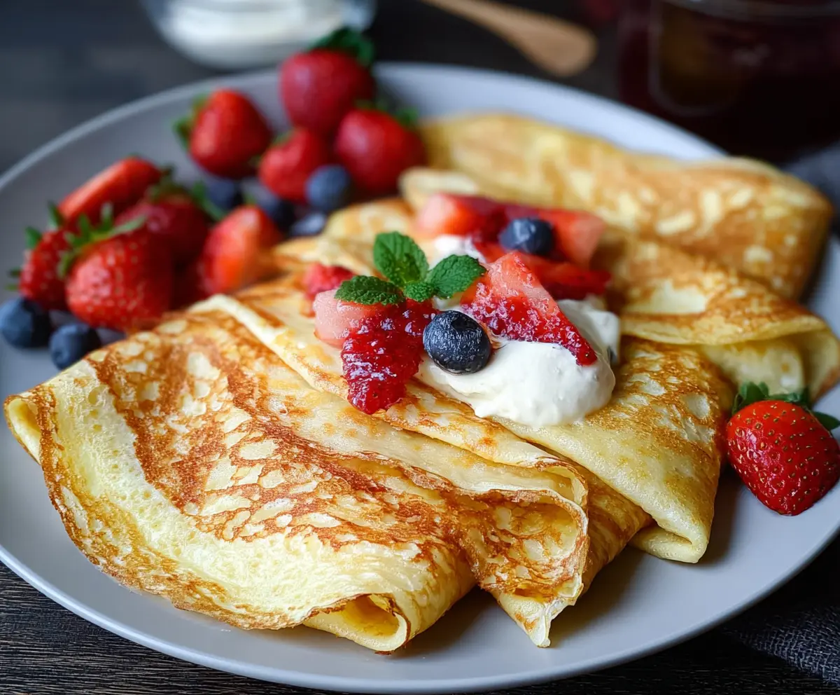 Delicious cottage cheese crepes served with fresh fruit and a drizzle of honey.