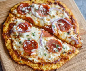 Delicious Cottage Cheese Flatbread Pizza topped with fresh vegetables and melted cheese.