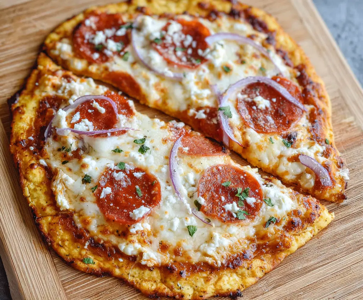 Delicious Cottage Cheese Flatbread Pizza topped with fresh vegetables and melted cheese.