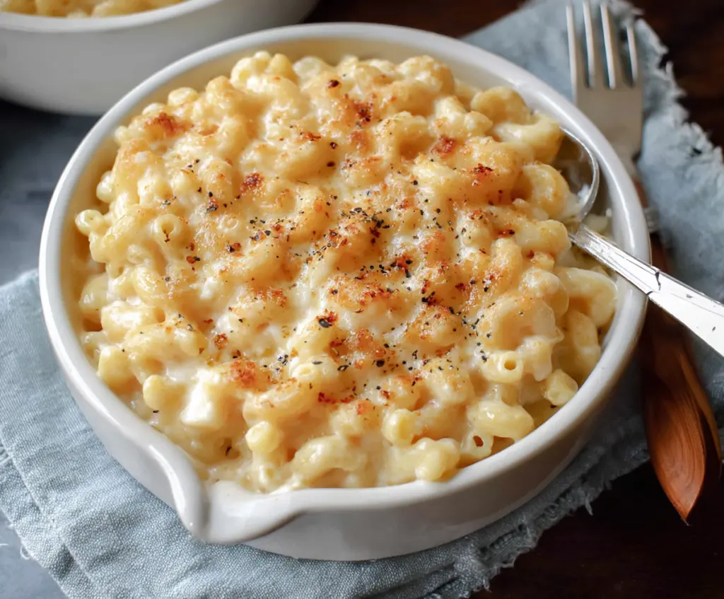 Creamy cottage cheese mac and cheese served in a bowl, garnished with herbs.