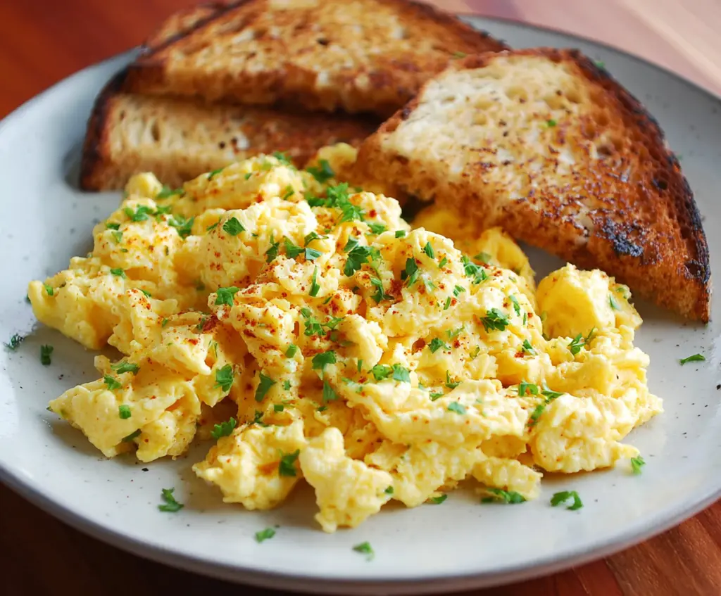 Creamy cottage cheese scrambled eggs served with fresh herbs, perfect for a healthy breakfast.