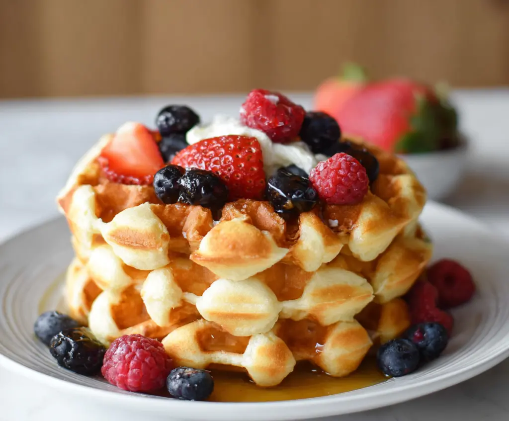 Delicious homemade cottage cheese waffles served with fresh fruit for a healthy breakfast.