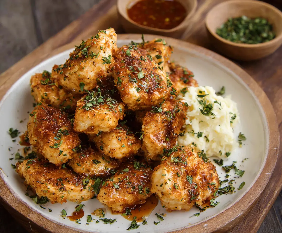 Juicy Cowboy Butter Chicken Bites garnished with herbs, served on a plate for a flavorful appetizer.