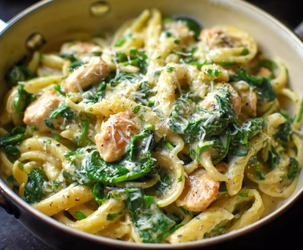 Delicious creamy chicken spinach pasta served on a plate with fresh ingredients.