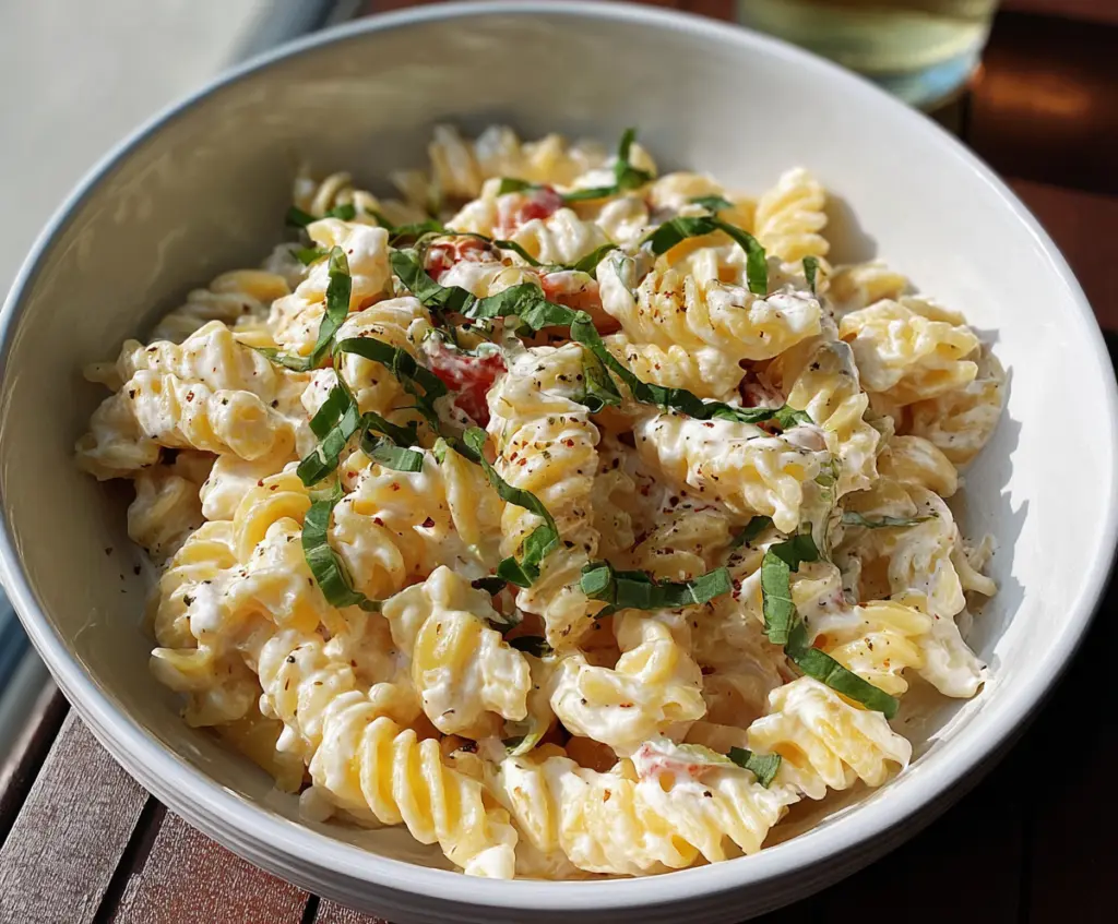Delicious creamy cottage cheese pasta in a white bowl, garnished with herbs for a hearty vegetarian meal.