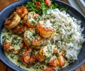 Delicious creamy garlic butter shrimp bowl served with fresh herb rice on a plate.